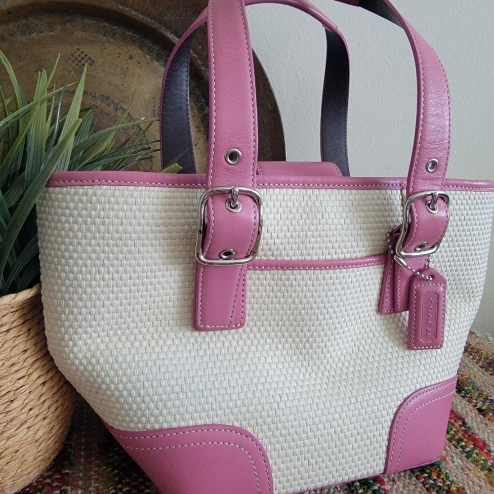 Coach Pink Raffia Handbag - Picture 3 of 9